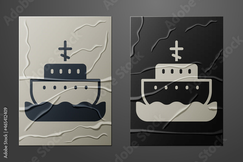 White Ark of noah icon isolated on crumpled paper background. Wood big high cargo. Paper art style. Vector