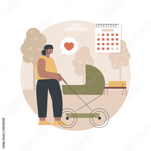 Maternity leave abstract concept vector illustration. Pregnant woman, expecting a baby, happy mother, working mom, home office, care for children, baby carriage, family walk abstract metaphor.