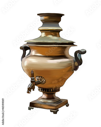 Antique copper samovar from multicolored paints. Splash of watercolor, colored drawing, realistic. A Russian kettle works on firewood. Vector illustration of paints