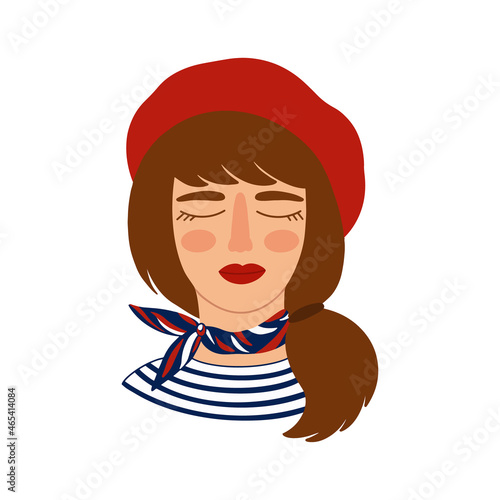 Portrait of young beautiful Girl wearing French style clothes apparels - red beret, striped t-shirt, neck scarf. Parisian Woman with red lips, closed eyes. Vector flat fashion illustration