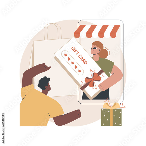 Digital gift card abstract concept vector illustration. Mobile store app, digital gift idea, buying certificate online, prepaid present, buy from home, electronic voucher abstract metaphor.