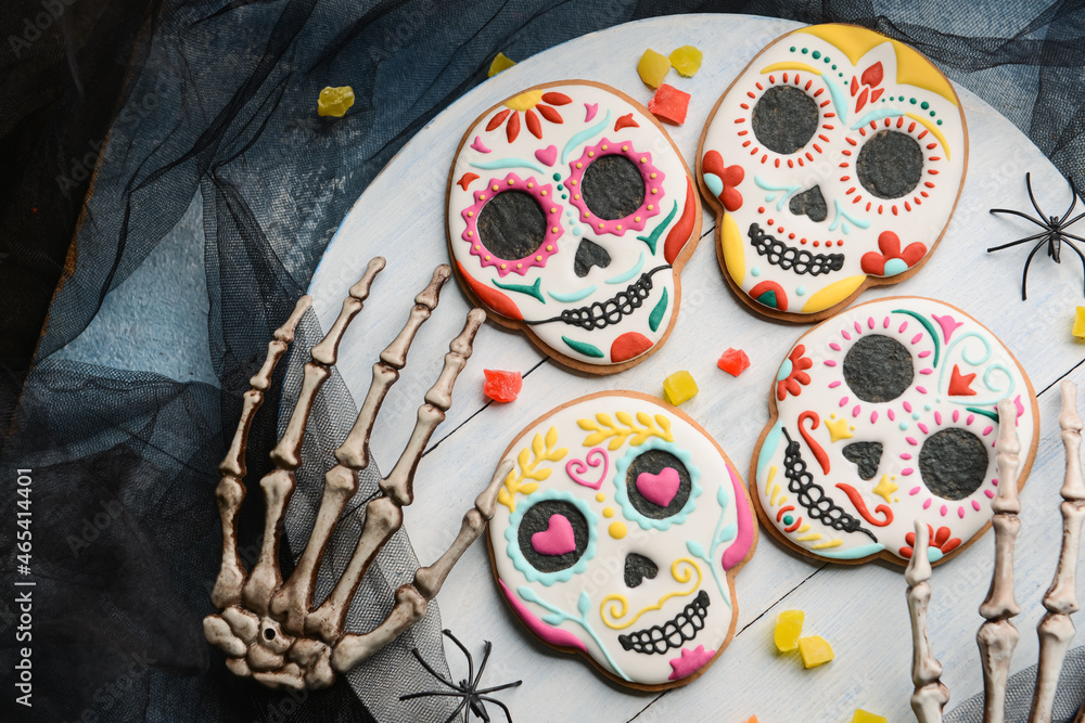 Board with cookies for Mexico's Day of the Dead (El Dia de Muertos) on black tulle