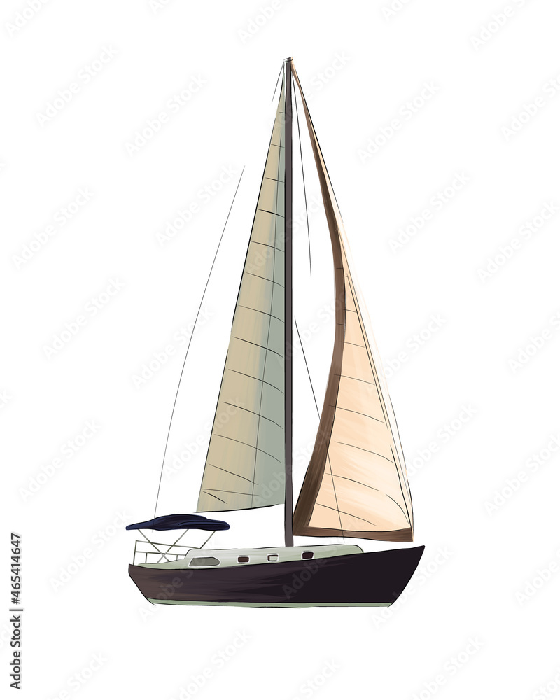 Sailing yacht from multicolored paints. Splash of watercolor, colored drawing, realistic