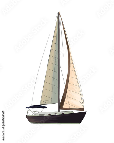 Sailing yacht from multicolored paints. Splash of watercolor, colored drawing, realistic