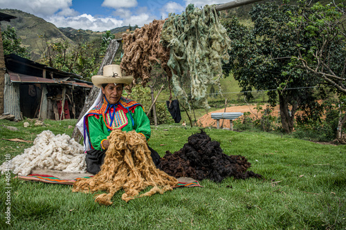 Fotografie Mujer latinoamericana andina colgando lana de oveja teñida de colores en el camp