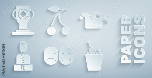 Set Poker player, Joker playing card, Casino dealer, Champagne an ice bucket, slot machine with cherry and poker trophy cup icon. Vector