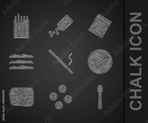 Set Cigarette, Medicine pill or tablet, Heroin spoon, Messenger, Package with cocaine, Cocaine heroin drug, Plastic bag of and Open cigarettes pack box icon. Vector