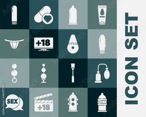 Set Condom safe sex, Penis pump, Dildo vibrator, Monitor with 18 plus content, Woman panties, and icon. Vector