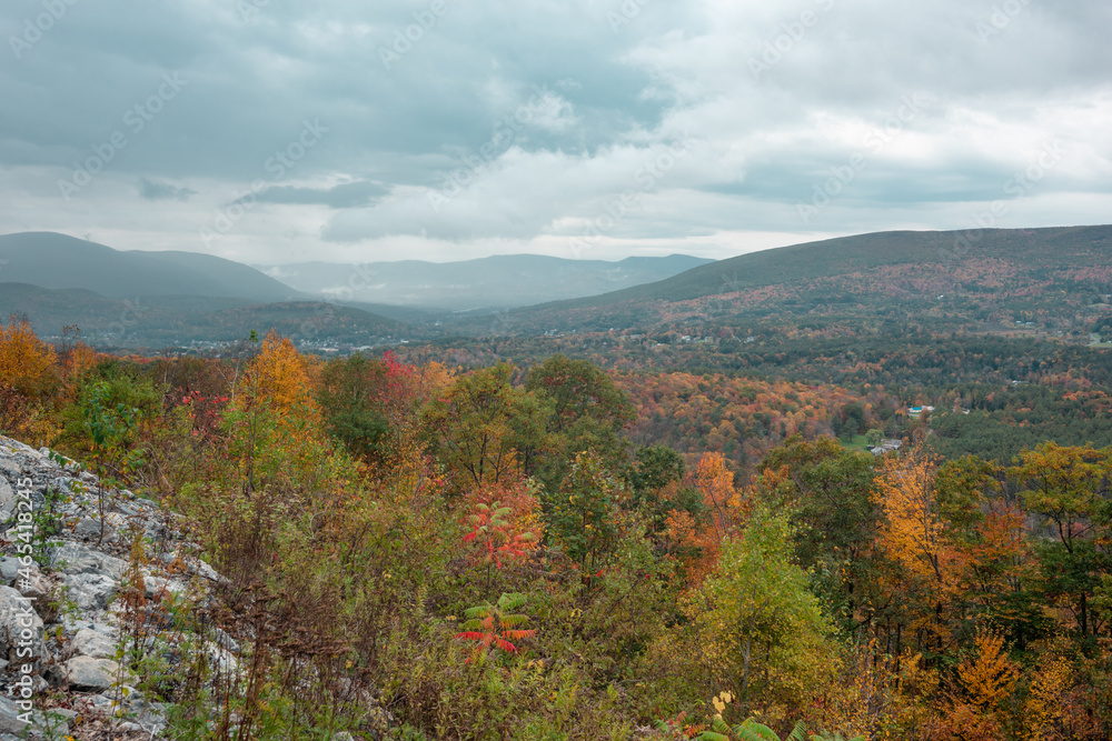 cloudy mountain landscape with fall foliage in autumn