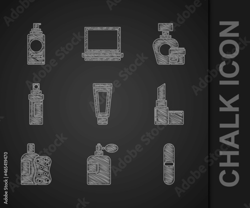 Set Cream or lotion cosmetic tube, Perfume, Nail file, Lipstick, Bottle of shampoo and sponge, and Spray can for hairspray icon. Vector