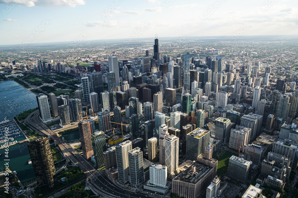 skyline of downtown chicago from a helicopter view