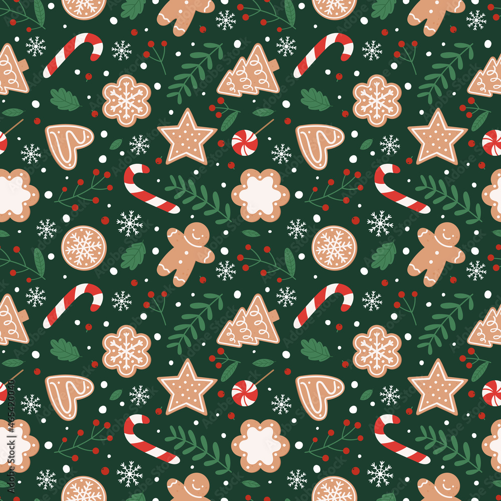 Gingerbread seamless pattern. Festive background with cookies, candies, leaves and berries.