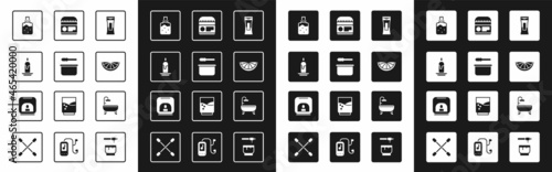 Set Bottle of shampoo, Sauna bucket and ladle, Burning candle, Spa salt, Citrus fruit, Cream or lotion cosmetic tube, Bathtub and Aroma lamp icon. Vector