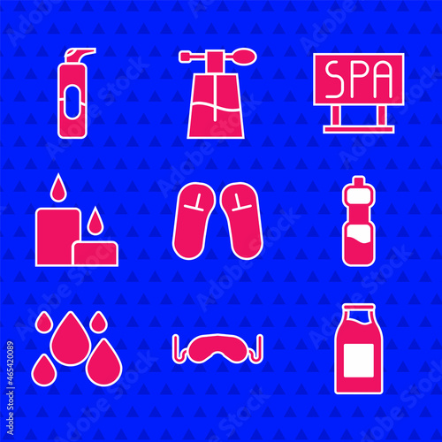 Set Slipper, Eye sleep mask, Bottle with milk, of water, Water drop, Burning candle, Spa salon signboard and Spray for hairspray icon. Vector