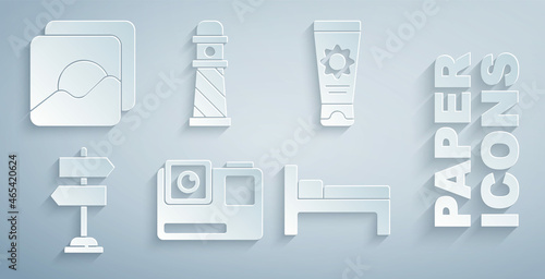 Set Action extreme camera, Sunscreen cream in tube, Road traffic sign, Bed, Lighthouse and Photo icon. Vector