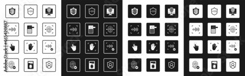 Set Monitor with fingerprint, Digital door lock, Voice recognition, Fingerprint shield, Shield voice, and icon. Vector