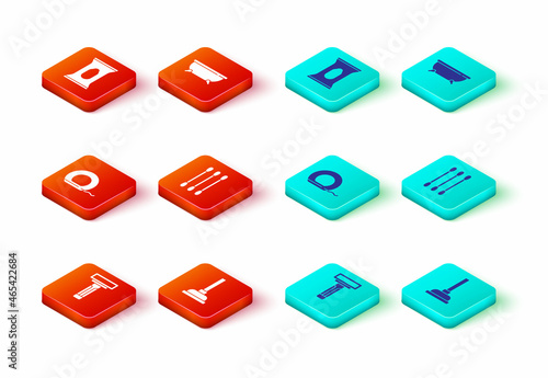 Set Shaving razor, Rubber plunger, Dental floss, Cotton swab for ears, Bathtub and Wet wipe pack icon. Vector