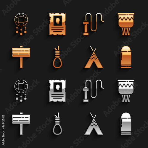 Set Gallows rope loop hanging, Drum, Bullet, Indian teepee or wigwam, Road traffic signpost, Leather whip, Dream catcher with feathers and Wanted western poster icon. Vector