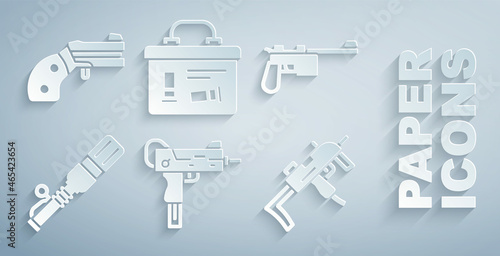 Set UZI submachine gun, Mauser, Anti-tank hand grenade, MP9I, Military ammunition box and Small revolver icon. Vector photo