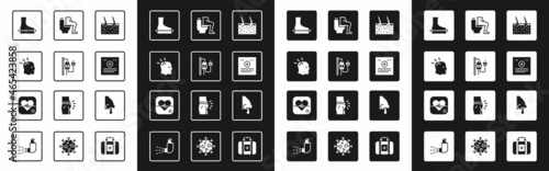 Set Hair covering skin, IV bag, Man having headache, Flat foot, Clinical record, Constipation, Runny nose and Heart rate icon. Vector