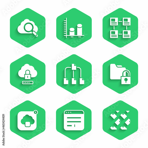 Set Folder tree, Browser window, Data stream, and lock, Cloud technology data transfer, computing, Hierarchy organogram chart and Search cloud icon. Vector
