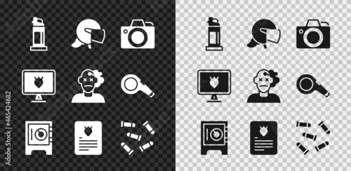 Set Pepper spray, Police helmet, Photo camera, Safe, The arrest warrant, Bullet, database and Murder icon. Vector