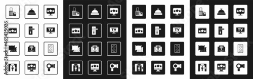 Set Five stars rating review, Door handle, Suitcase, Smart Tv, Hotel service bell, Lift and Pillow icon. Vector
