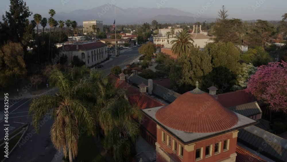 Sunset aerial view of historic downtown Redlands, California, USA. Sunset aerial view of historic downtown Redlands, California, USA.