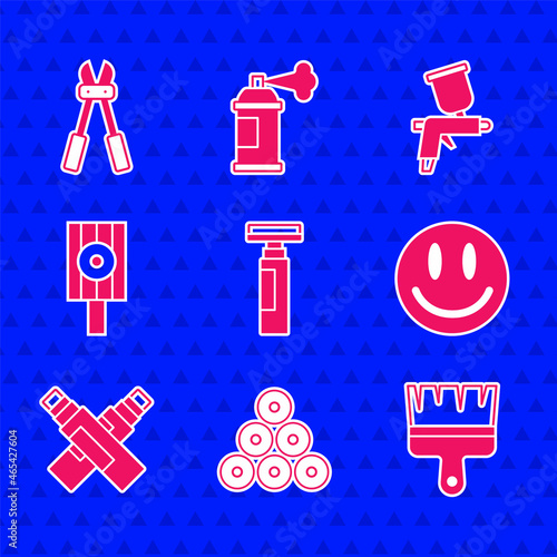 Set Marker pen, Paint spray can, brush, Smile face, Spray nozzle cap, gun and Bolt cutter icon. Vector photo