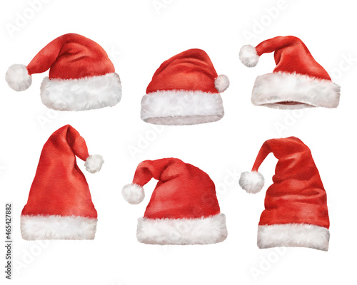 Watercolor santa claus red hats on white background. Watercolour Christmas season illustration