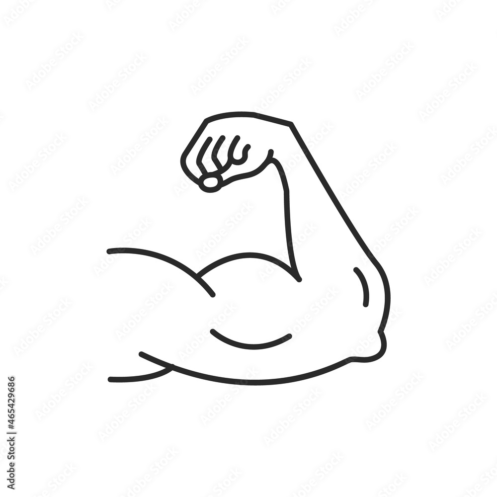 Arm muscle strong vector power bicep line icon. Strength arm muscular