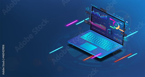 Modern 3D laptop with financial analytics and business infographics and business dashboard elements on the screen. Investments, trade, data analytic and infographics. Business online concept. Vector