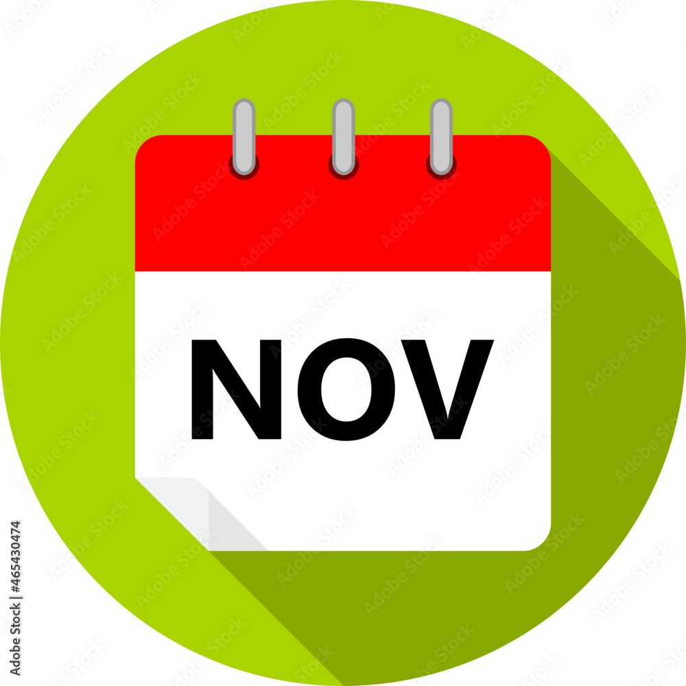 white and red calendar page with November month abbreviation NOV written in black and a green circle background whith shadows clipart vector editable changeable image white and red calendar page with November month abbreviation NOV written in black and a green circle background whith shadows clipart vector editable changeable image
