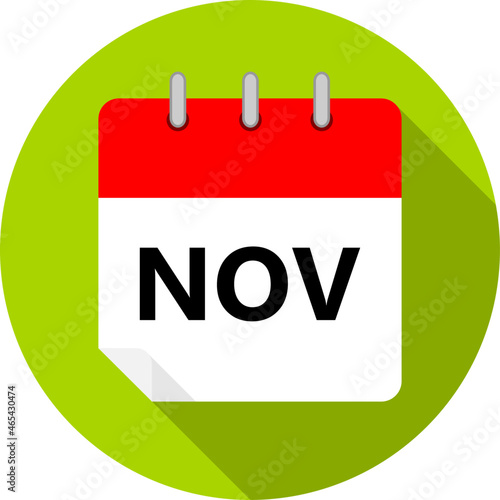 white and red calendar page with November month abbreviation NOV written in black and a green circle background whith shadows clipart vector editable changeable image