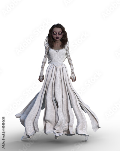 3D illiustration of a cartoon Halloween ghost bride in a white d