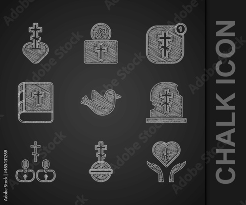 Set Dove, Christian cross, Religious in heart, Grave with tombstone, Priest, Holy bible book, Online church pastor preaching and icon. Vector