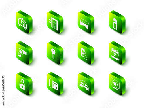 Set Lift, Bedroom, Please do not disturb, Hotel booking calendar, Stars rating, Digital door lock, bed and Telephone handset icon. Vector