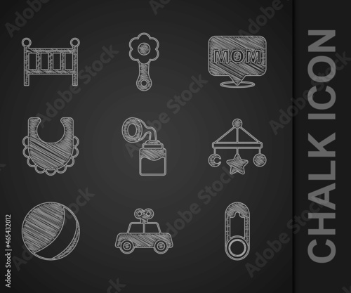 Set Breast pump, Toy car, Baby clothes pin, crib hanging toys, Beach ball, bib, Speech bubble mom and cradle bed icon. Vector