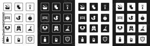 Set Rattle baby toy, Rubber duck, Baby crib cradle bed, stroller, Little girl head, socks, Sandbox with sand and shovel and dummy pacifier icon. Vector