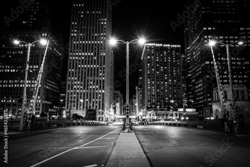 wide symmetrical city shot of downtown chicago in black and white