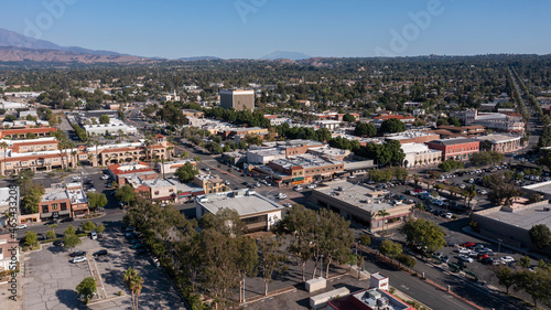 Daytime aerial view of downtown Redlands, California, USA.