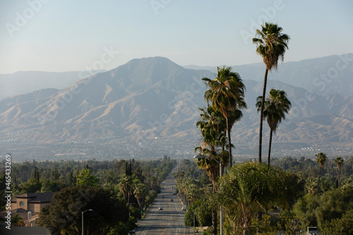 Afternoon view of a street and palms with a San Bernardino Mountain backdrop near downtown Redlands, California, USA.