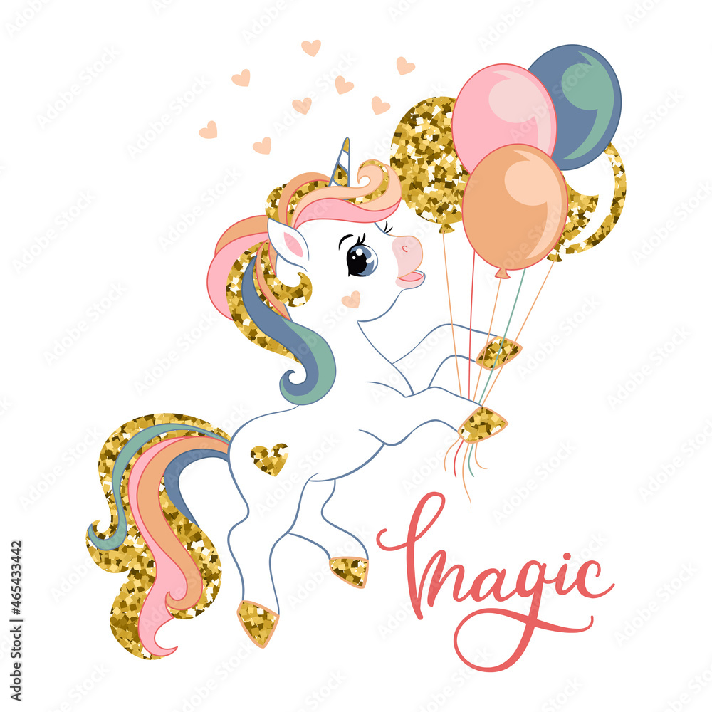 Cartoon unicorn with balloons vector illustration golden Cartoon unicorn with balloons vector illustration golden
