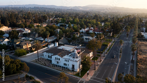 Sunset aerial view of historic downtown Redlands, California, USA. photo