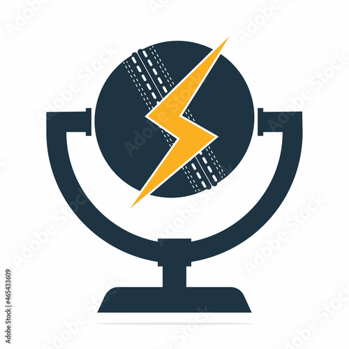Cricket Podcast thunder logo in Trophy shape. Microphone and cricket ball logo concept design.