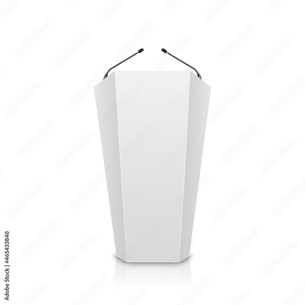 Naklejka premium Tribune podium rostrum speech flat stand. Conference stage with microphone, press or debate speaker