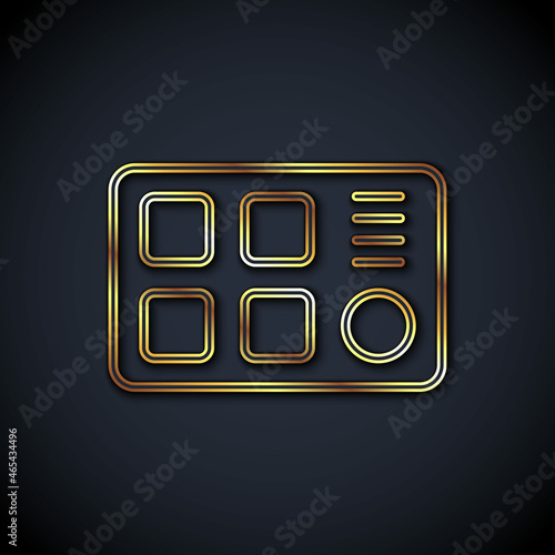 Gold line Drum machine icon isolated on black background. Musical equipment. Vector