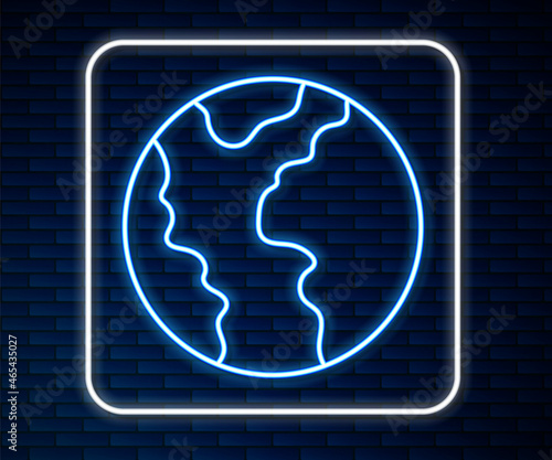 Glowing neon line Global economic crisis icon isolated on brick wall background. World finance crisis. Vector