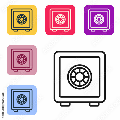 Black line Safe icon isolated on white background. The door safe a bank vault with a combination lock. Reliable Data Protection. Set icons in color square buttons. Vector