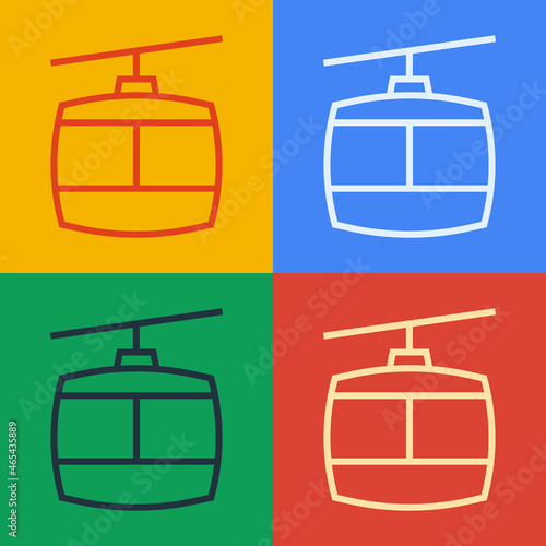 Pop art line Cable car icon isolated on color background. Funicular sign. Vector